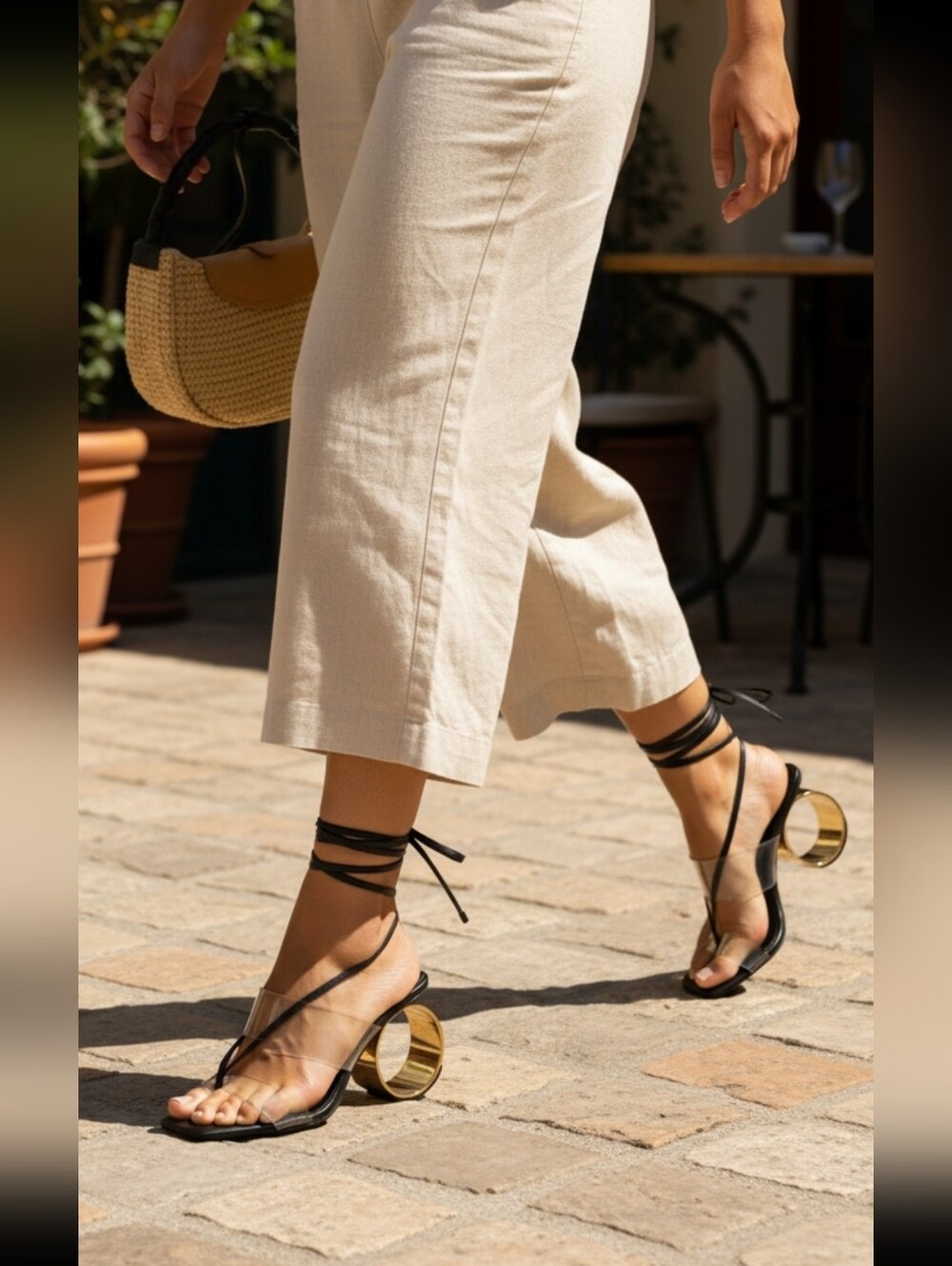 Jeffrey Campbell Black Lace-Up Clear-Band Heels with Gold Ring Heel